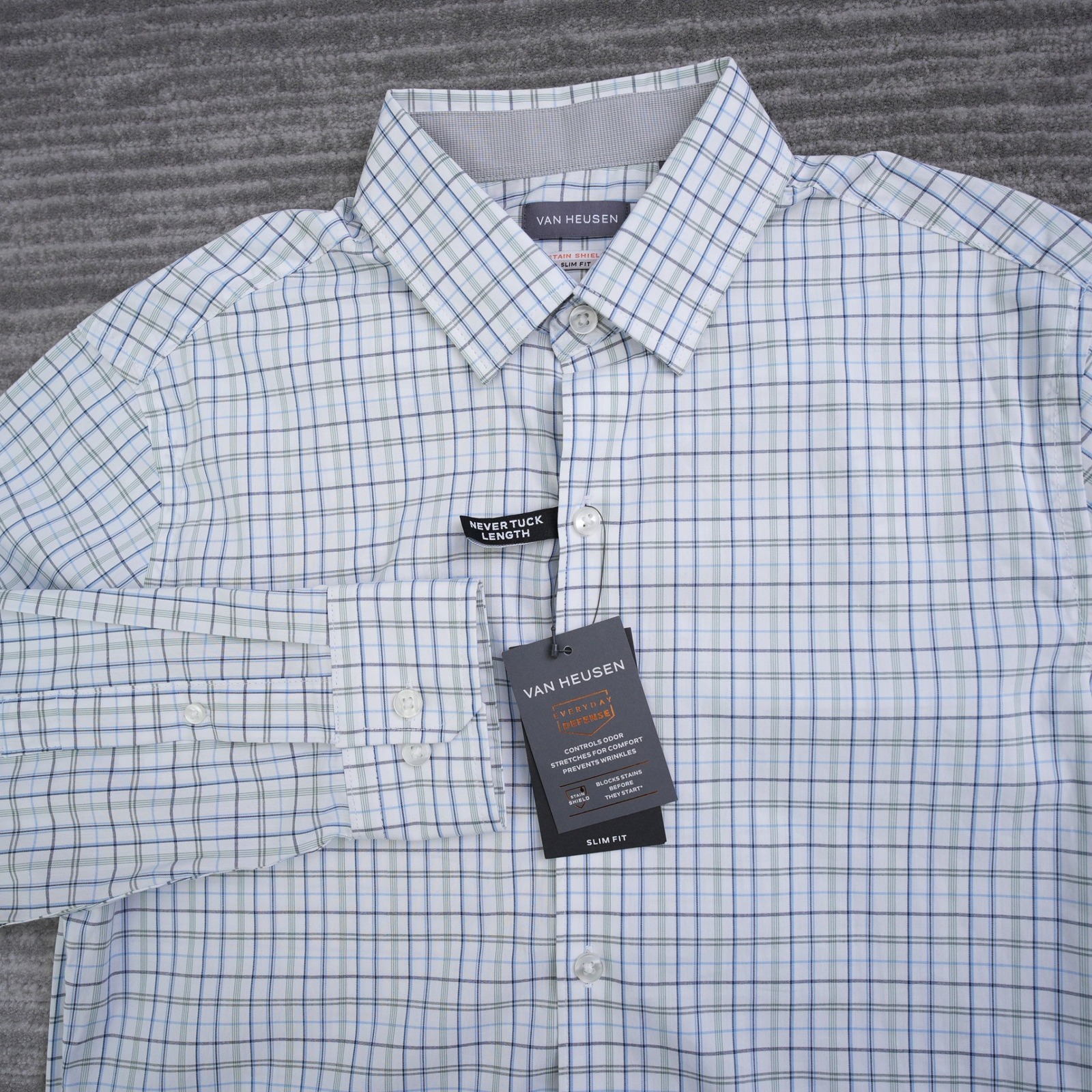 Van Heusen Plaid Shirt Men Stain Shield Slim Fit Never Tuck Blue Green Nwt Small